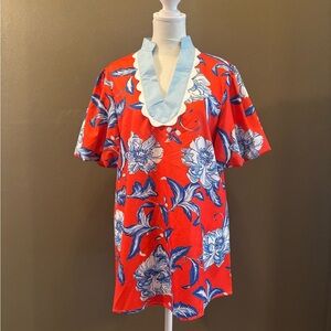 Floral Red and Blue Short Sleeve Top